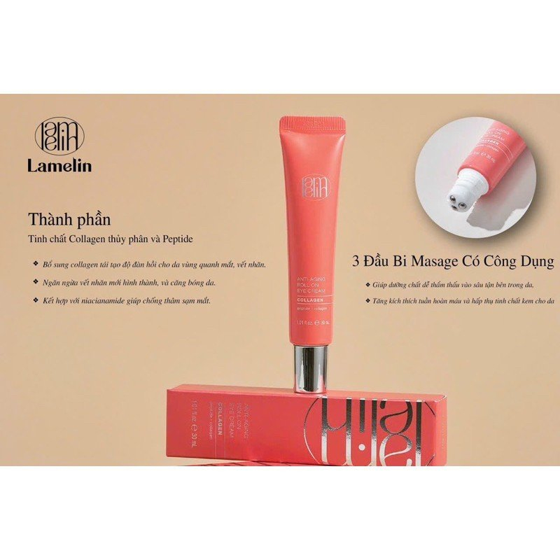 Kem Dưỡng Mắt LAMELIN Kèm 3 Đầu Bi Massage Thanh Lăn Retinol Chống Lão Hóa - Bebeau