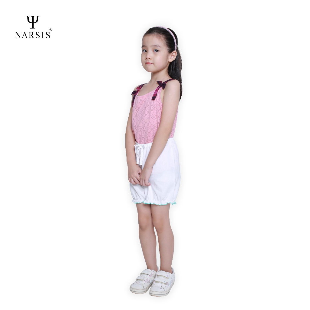 Quần Short bé gái hiệu NARSIS chất Cotton màu trắng phối chỉ xanh