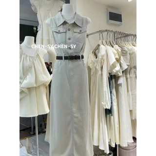 [9.9 Sales Freeship] Đầm thời trang nữ vintage, đầm kaki áo cổ sơ mi sát nách phối túi dáng dài kèm dây nịt cá tính dx