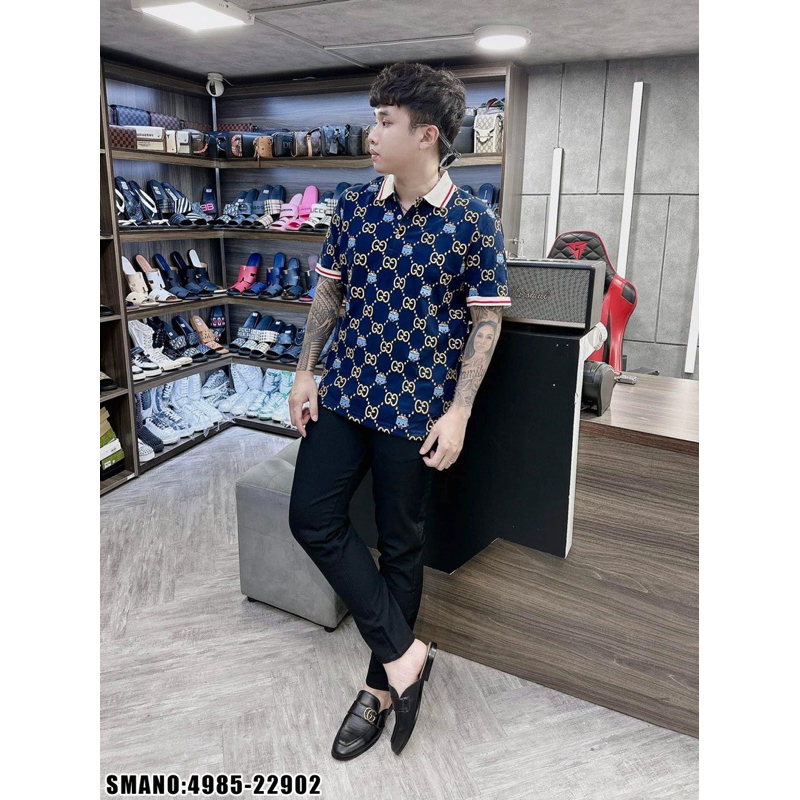 Áo polo in chữ GC hình icon thỏ đơn giản cổ tay bo chun thêu vạch đỏ