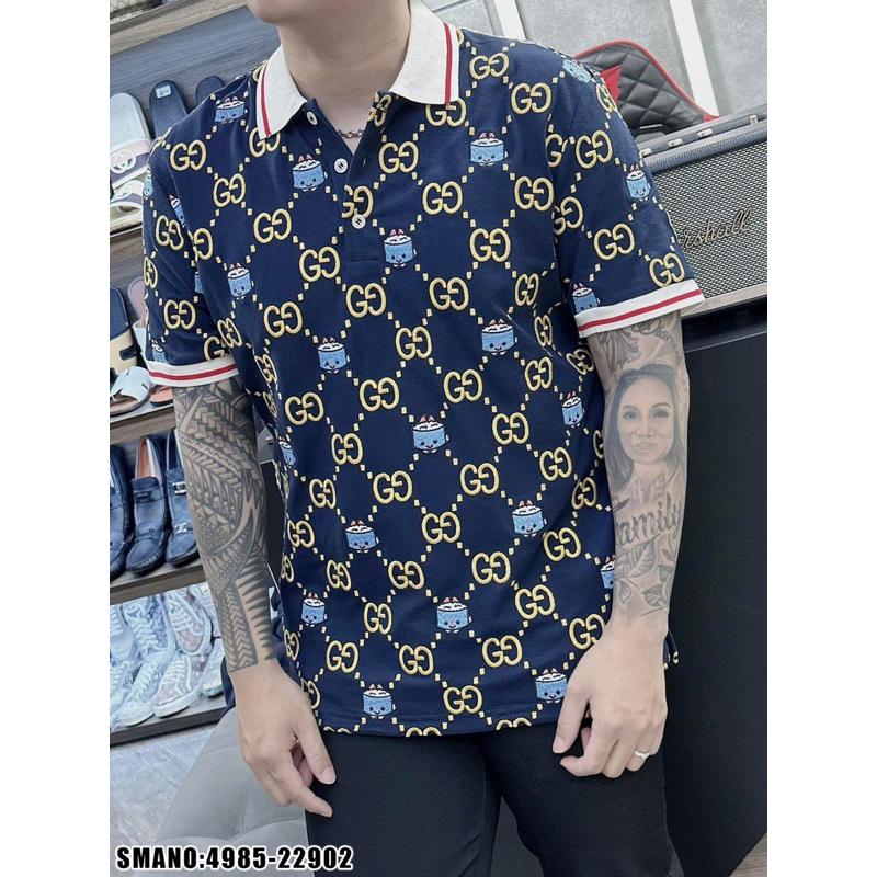 Áo polo in chữ GC hình icon thỏ đơn giản cổ tay bo chun thêu vạch đỏ