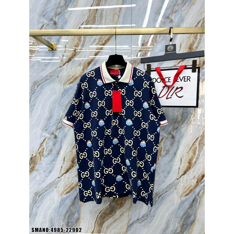 Áo polo in chữ GC hình icon thỏ đơn giản cổ tay bo chun thêu vạch đỏ