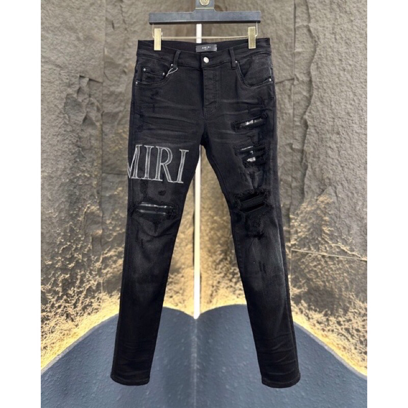 [💥 HOT ITEM] - Quần Jeans Amiri. - Quần Bò Amiri. Rách Gối Vá Da, Túi Đằng Sau Da - Bản Loại 1