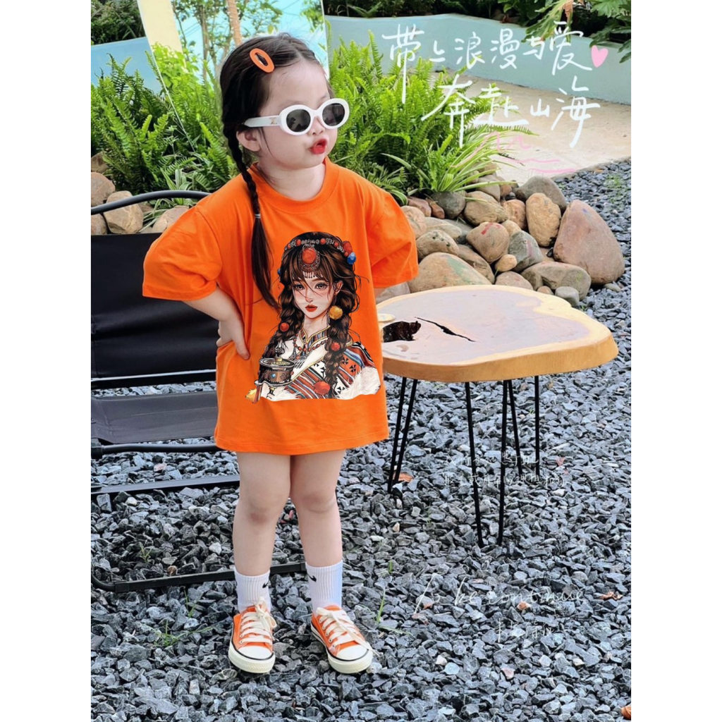 Áo thun tay lỡ cô gái dân tộc à lôi cho bé gái , áo phông trẻ em cho mẹ và bé , Kid_genz