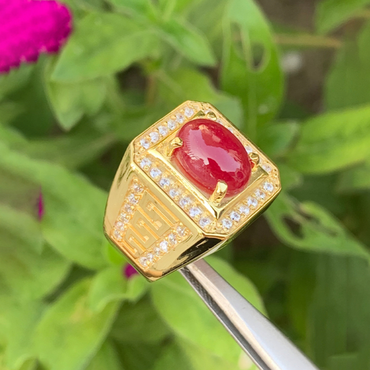 Nhẫn nam đá ruby tự nhiên - KHAI TUYEN bạc phủ vàng 18k cao cấp đeo không phai màu