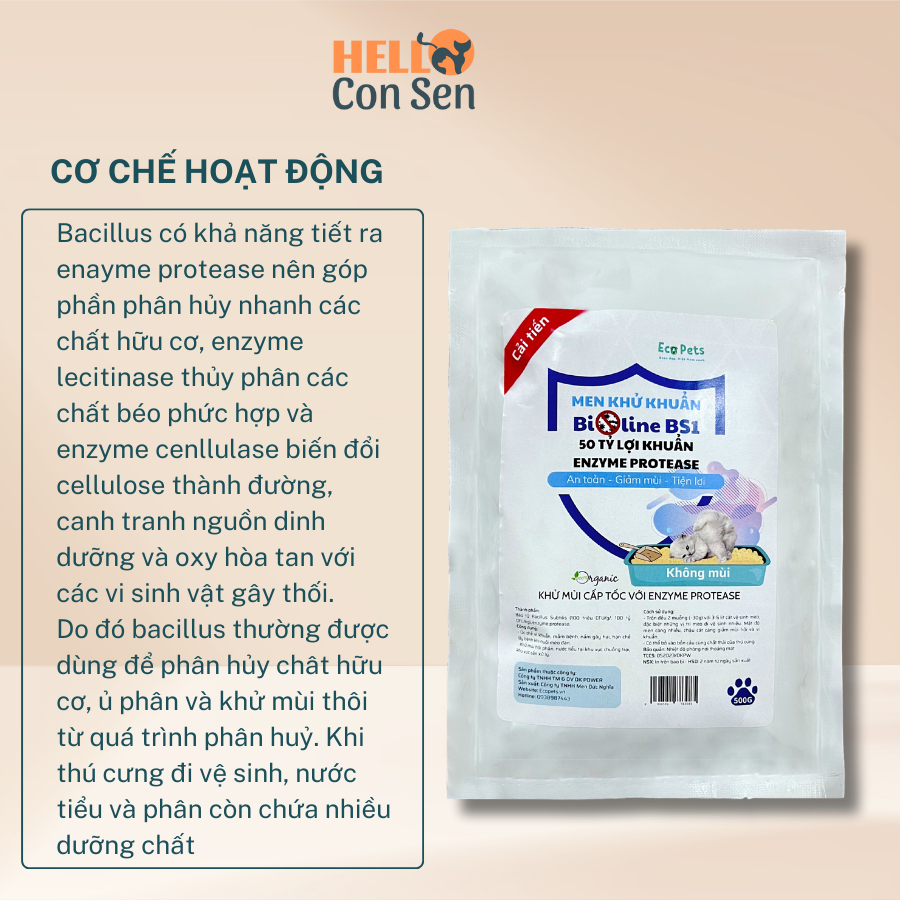 Men khử khuẩn Bioline BS1 ECOPETS, khử khuẩn, khử mùi hiệu quả cát vệ sinh cho chó mèo - 500gram