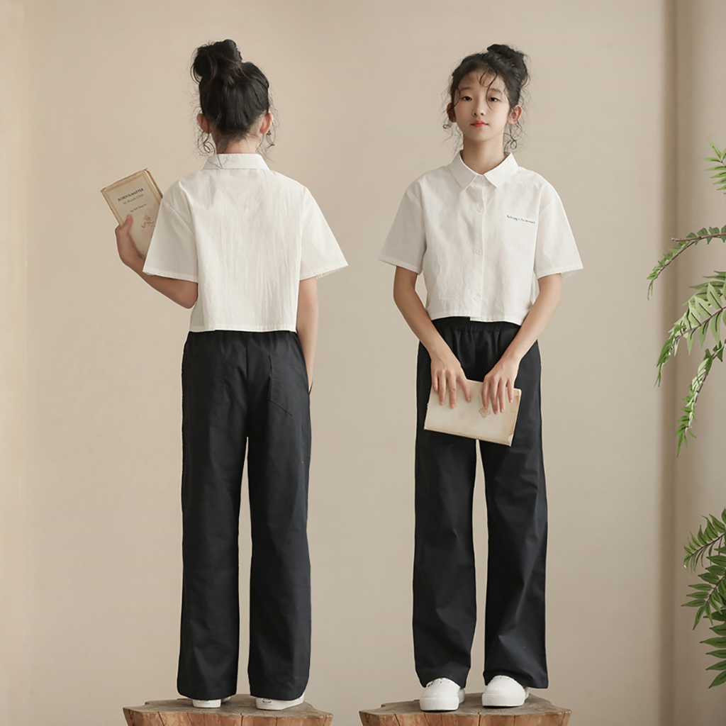 Set Đồ Thời Trang Bé Gái TiTiKids Áo Sơ Mi Trắng Quần Đen Phong Cách Nhật Bản S257