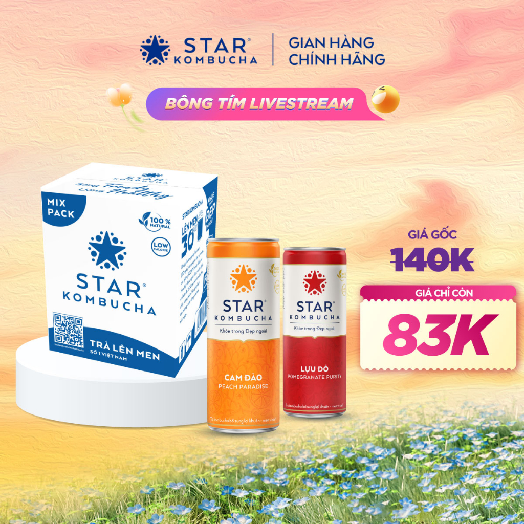 [LIVESTREAM BÔNG TÍM] Combo 4 lon trà STAR KOMBUCHA mix vị (250ml/lon)