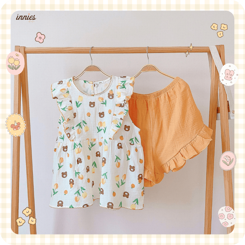 Bộ NỮ 2 tay bèo cánh tiên, quần short cotton muslin, có in hoạ tiết đáng yêu Innies - IN-23BONU015