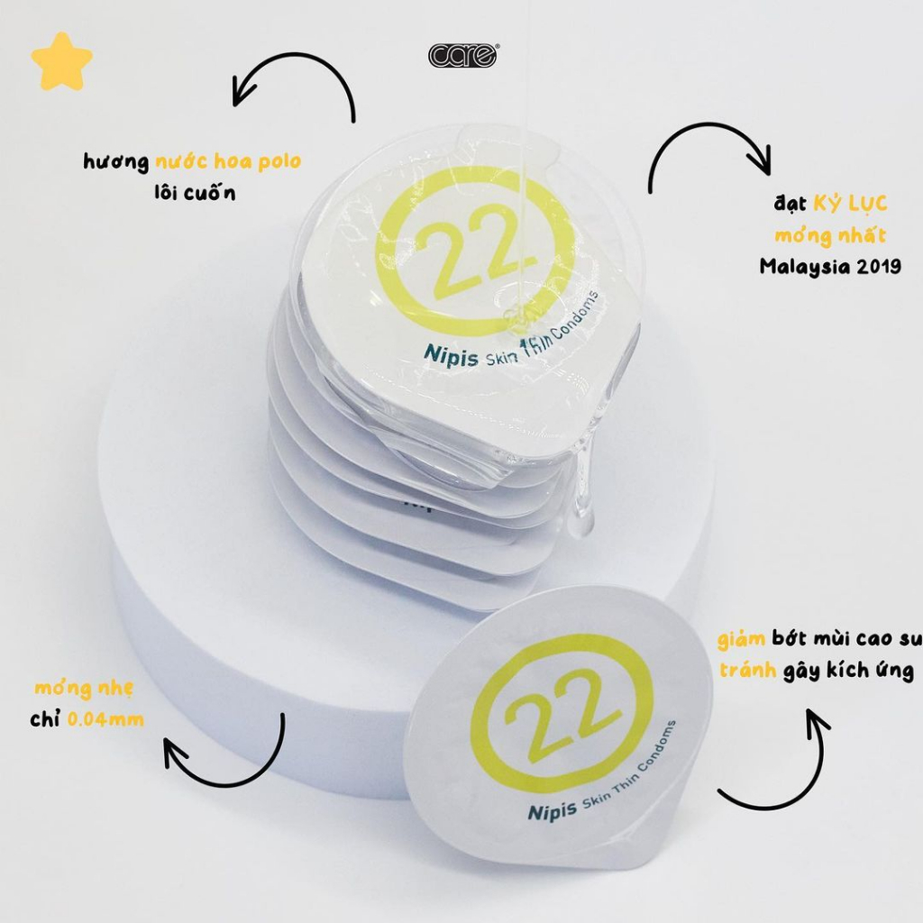 Bao cao su siêu mỏng Care 22 truyền nhiệt,nhiều gel bôi trơn cảm giác chân thật- hộp 3 bcs siêu mỏng