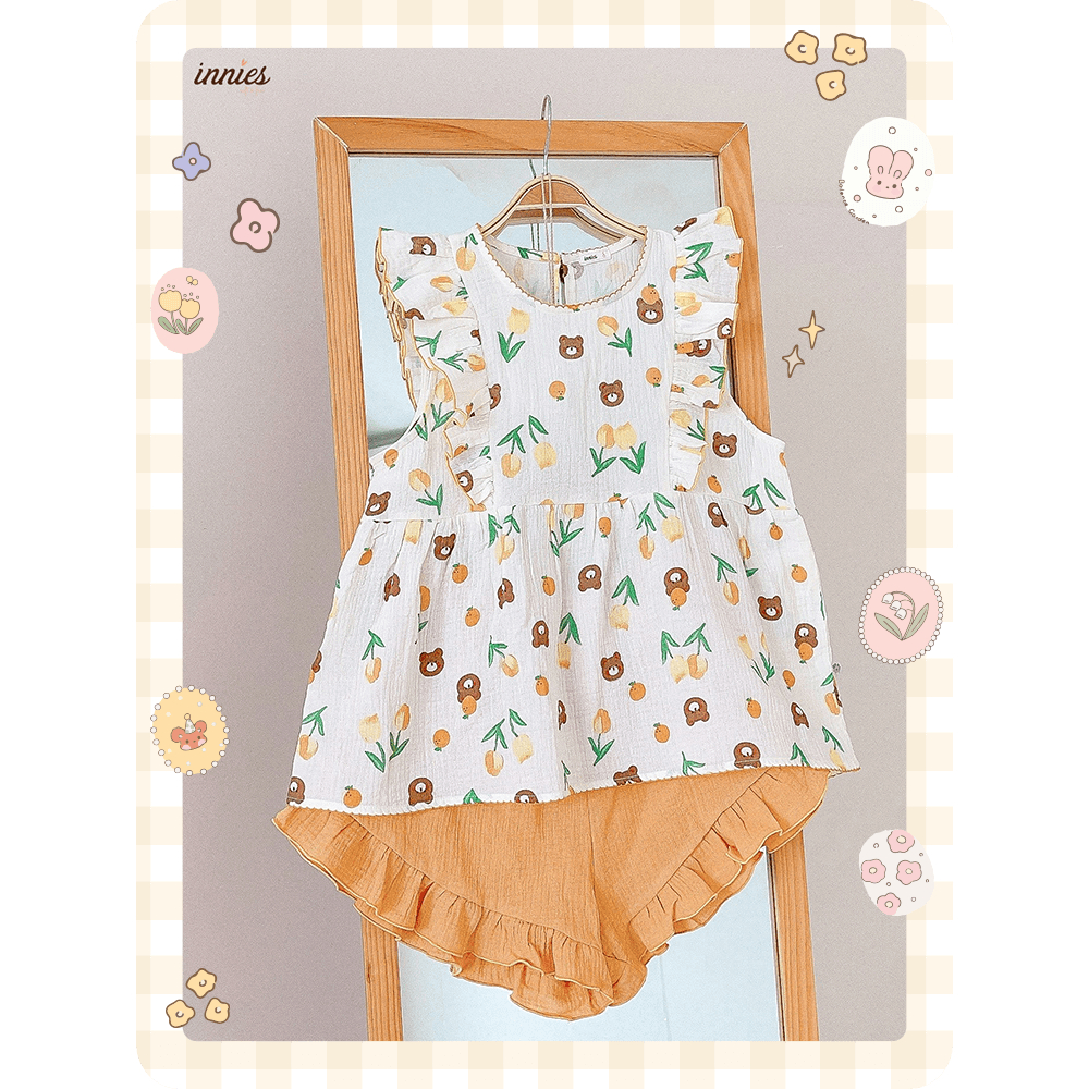 Bộ NỮ 2 tay bèo cánh tiên, quần short cotton muslin, có in hoạ tiết đáng yêu Innies - IN-23BONU015