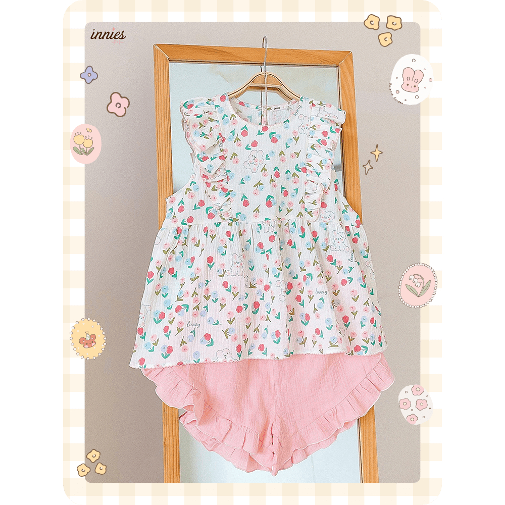 Bộ NỮ 2 tay bèo cánh tiên, quần short cotton muslin, có in hoạ tiết đáng yêu Innies - IN-23BONU015
