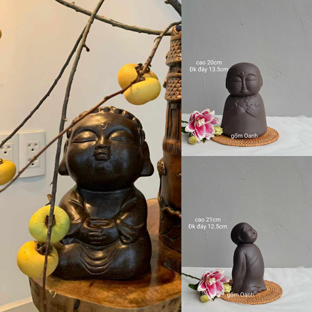 tượng decor em bé ôm hoa chú tiểu an nhiên gốm Bát Tràng cao cấp