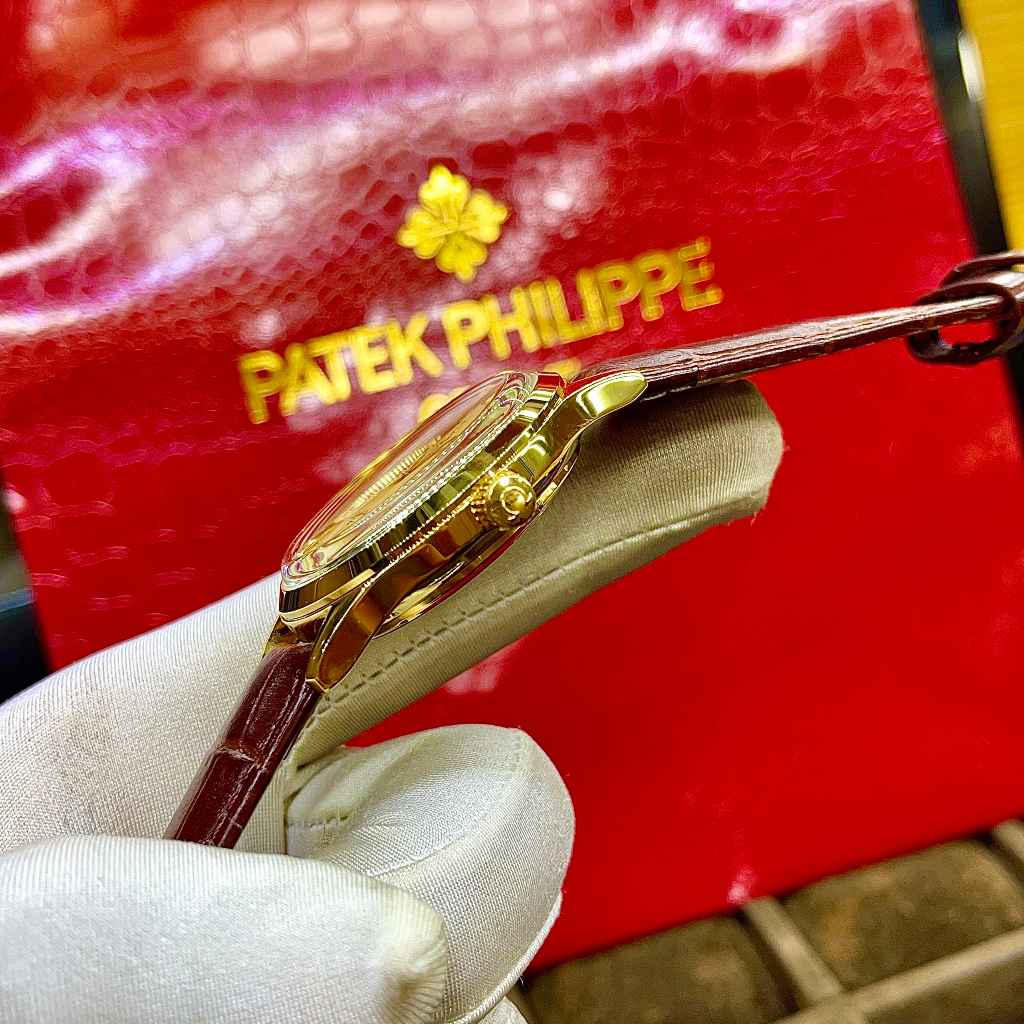 Đồng hồ Nam Omg vàng gold mặt xanh lịch ngày máy nhật dòng cơ Automatic -40mm dây da nâu