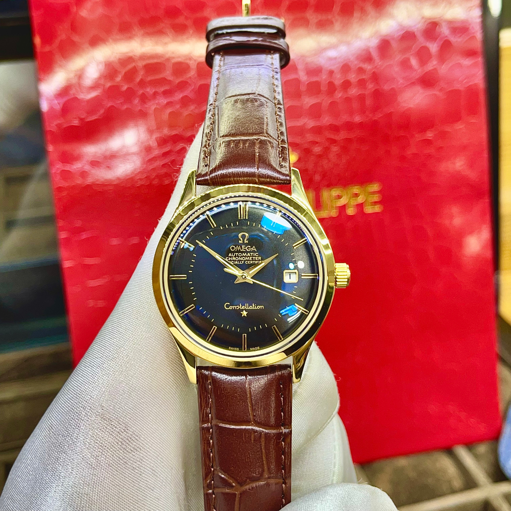 Đồng hồ Nam Omg vàng gold mặt xanh lịch ngày máy nhật dòng cơ Automatic -40mm dây da nâu