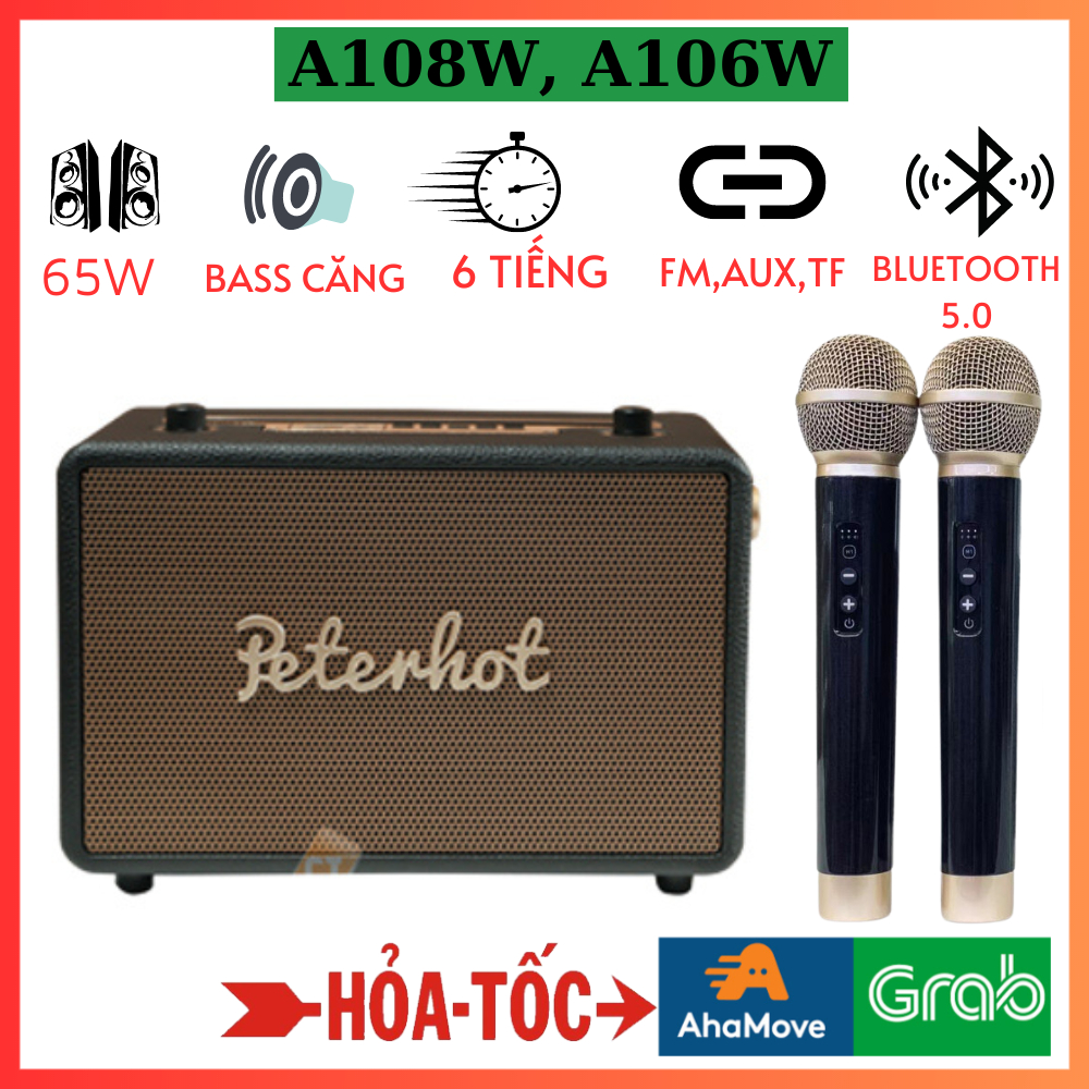 Loa karaoke Peterhot A108W, A106W kèm 2 micro không dây, công suất 56W, loa bluetooth âm thanh siêu đỉnh