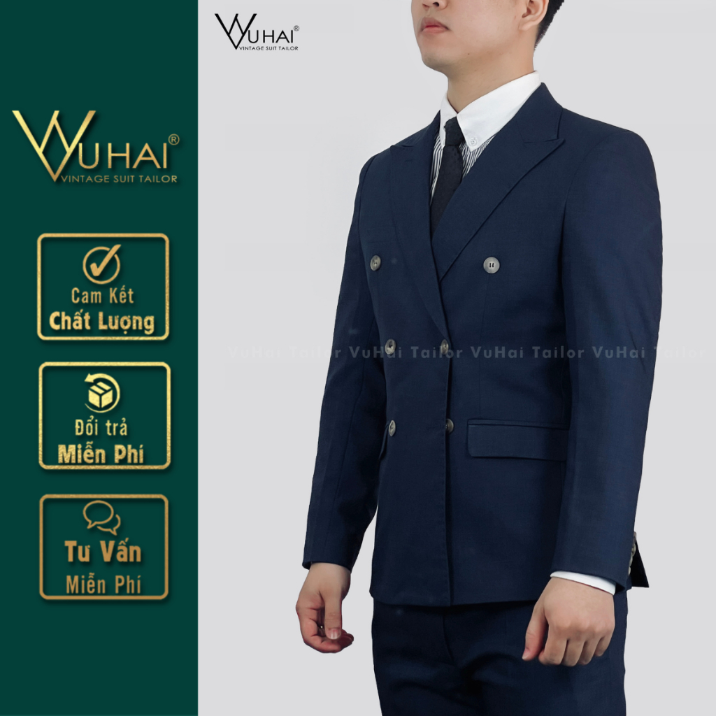 Áo Vest Blazer màu xanh than, from dáng 6 cúc-VuHai