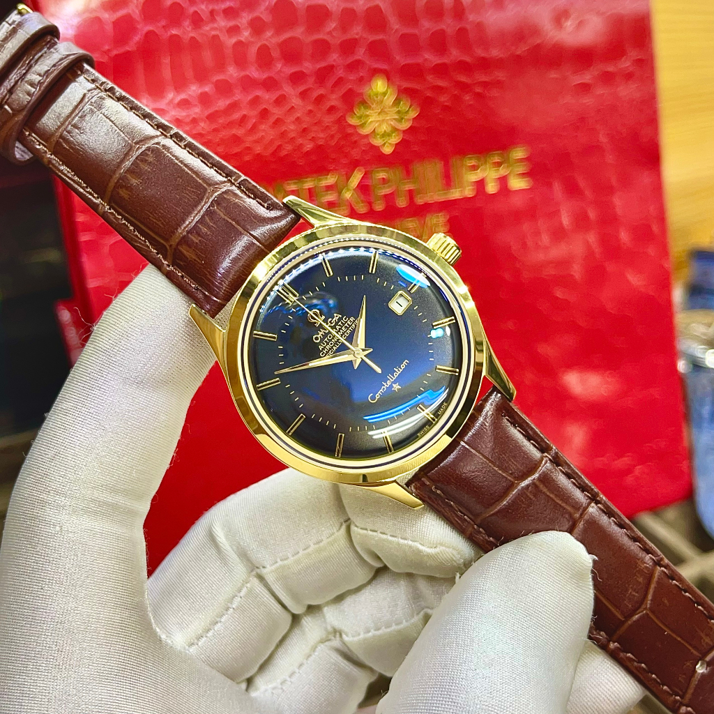 Đồng hồ Nam Omg vàng gold mặt xanh lịch ngày máy nhật dòng cơ Automatic -40mm dây da nâu