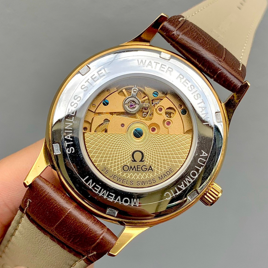 Đồng hồ Nam Omg vàng gold mặt xanh lịch ngày máy nhật dòng cơ Automatic -40mm dây da nâu