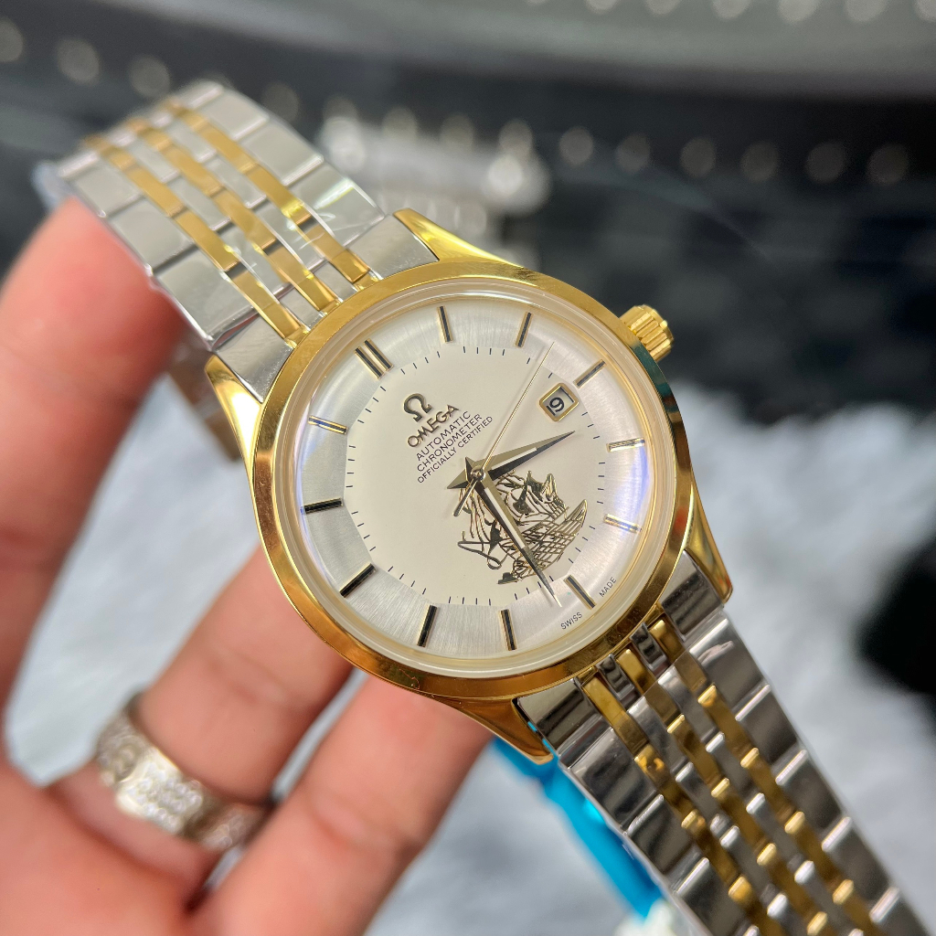 Đồng hồ Nam Omg thuyền buồm vàng gold mặt trắng lịch ngày máy nhật dòng cơ Automatic 40mm dây kim loại trắng vàng