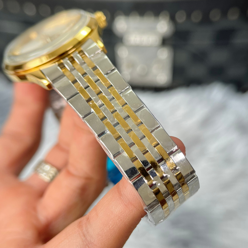 Đồng hồ Nam Omg thuyền buồm vàng gold mặt trắng lịch ngày máy nhật dòng cơ Automatic 40mm dây kim loại trắng vàng