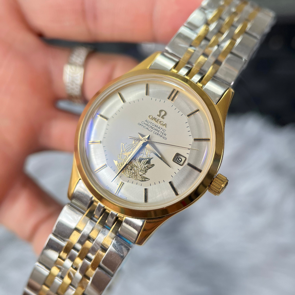 Đồng hồ Nam Omg thuyền buồm vàng gold mặt trắng lịch ngày máy nhật dòng cơ Automatic 40mm dây kim loại trắng vàng