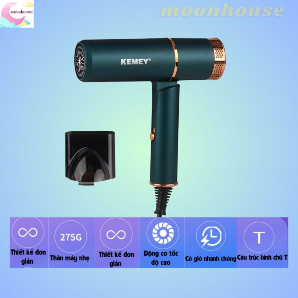 Máy sấy tóc Kemei 9825, máy sấy tóc mini công suất lớn chính hãng, 3 mức chỉnh nóng lạnh bảo vệ tóc, bảo hành 6 tháng