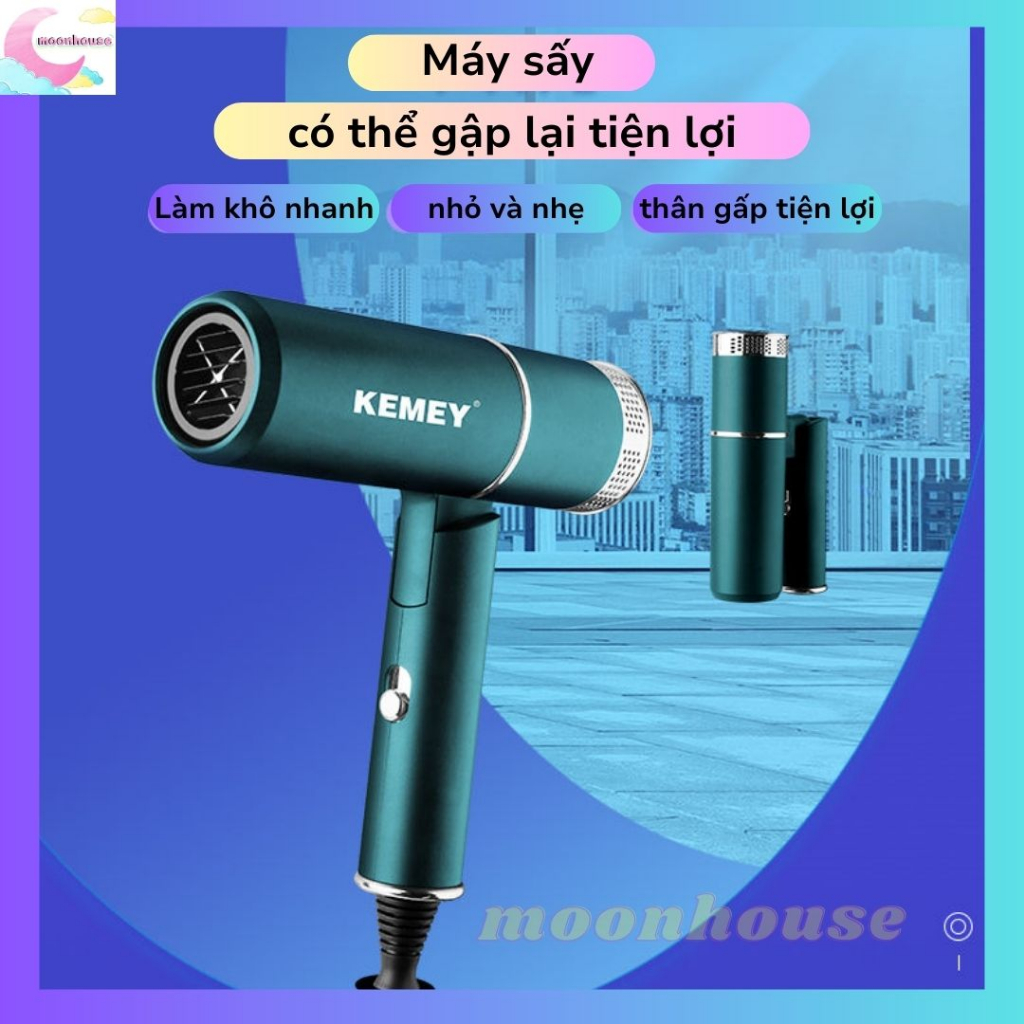 Máy sấy tóc Kemei 9825, máy sấy tóc mini công suất lớn chính hãng, 3 mức chỉnh nóng lạnh bảo vệ tóc, bảo hành 6 tháng
