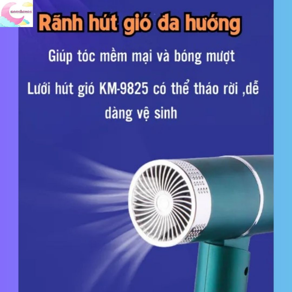 Máy sấy tóc Kemei 9825, máy sấy tóc mini công suất lớn chính hãng, 3 mức chỉnh nóng lạnh bảo vệ tóc, bảo hành 6 tháng
