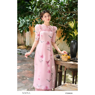 Bộ áo dài hồng họa tiết hoa ly phối tay áo dáng phồng YOONA - YT25B026
