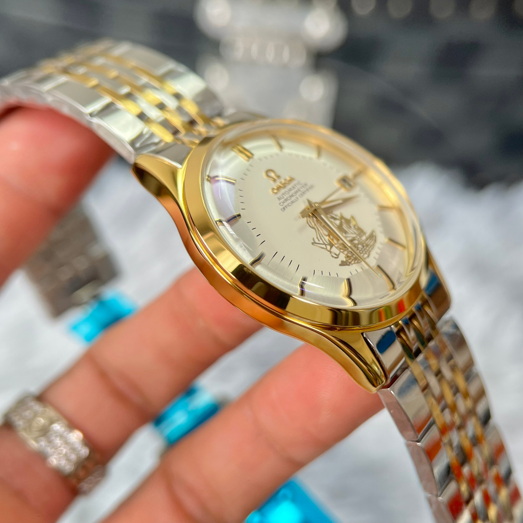 Đồng hồ Nam Omg thuyền buồm vàng gold mặt trắng lịch ngày máy nhật dòng cơ Automatic 40mm dây kim loại trắng vàng