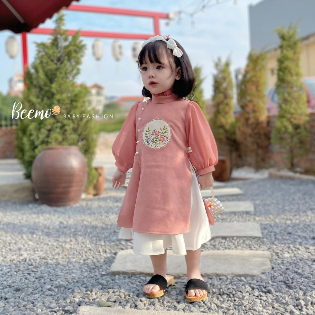 Áo dài cách tân bé gái tay dài đính ngọc thêu hoạ tiết thủ công chất liệu tơ xước cao cấp - Áo dài Ánh Nguyệt - AN10
