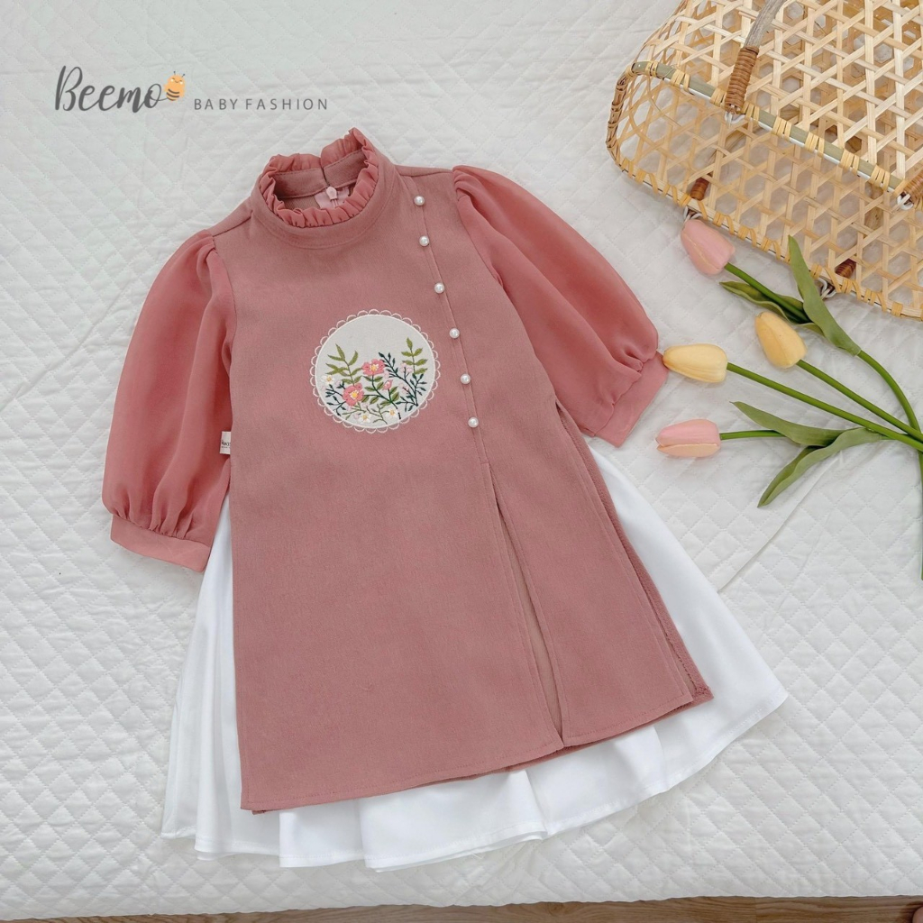 Áo dài cách tân bé gái tay dài đính ngọc thêu hoạ tiết thủ công chất liệu tơ xước cao cấp - Áo dài Ánh Nguyệt - AN10