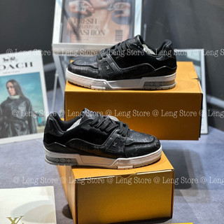 Giày thể thao nam nữ lv trainer black grey lai au lv xám đen họa tiết