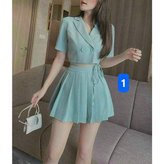 Set Vest Kiểu Crt Tay Ngắn Chất Cotton Lạnh Kiểu Buộc Nơ Eo Phối Chân Váy Ngắn Xếp Ly Xòe Nhẹ Siêu Sang Chảnh XInh