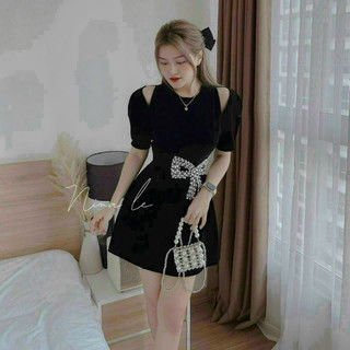 Đầm Váy thời thượng Dự Tiệc - Hẹn Hò Chất Nhung Khoét Vai Đính Nơ Eo Tay Búp Dáng Váy Xòe Siêu Xinh Đẹp Mê Ly