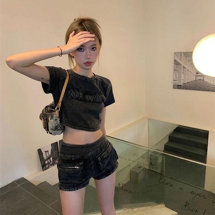 Áo Thun Croptop 100% cotton Tay Ngắn Cổ Tròn Phong Cách vintage Mỹ Cho Nữ