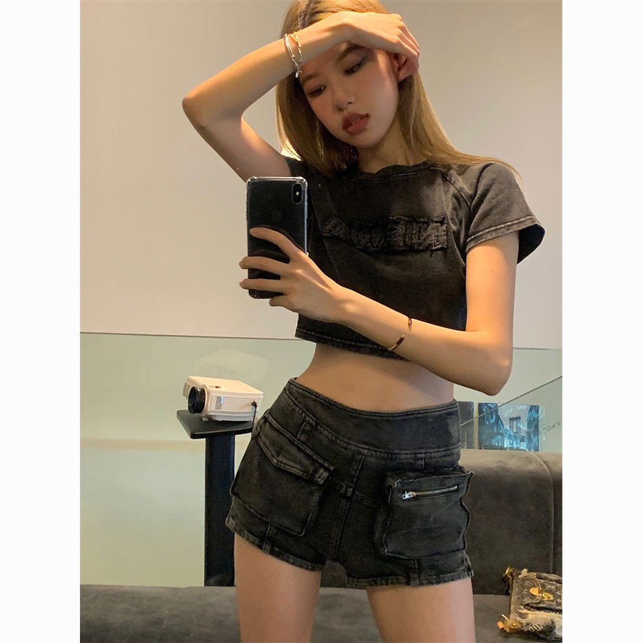 Áo Thun Croptop 100% cotton Tay Ngắn Cổ Tròn Phong Cách vintage Mỹ Cho Nữ
