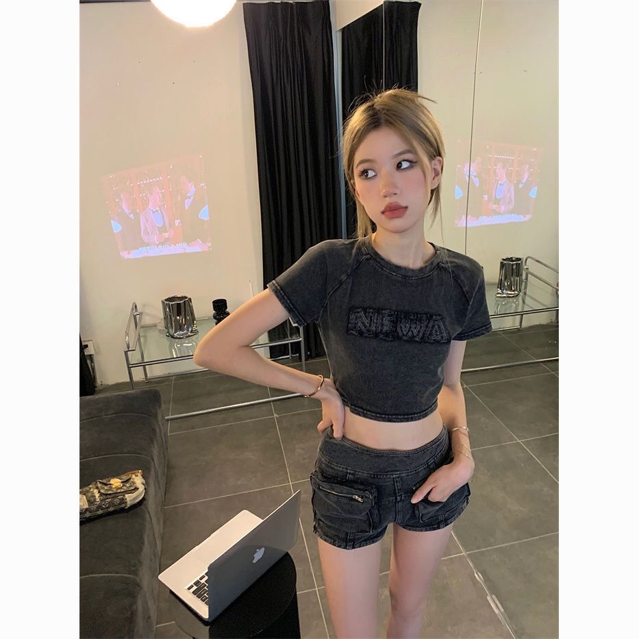 Áo Thun Croptop 100% cotton Tay Ngắn Cổ Tròn Phong Cách vintage Mỹ Cho Nữ