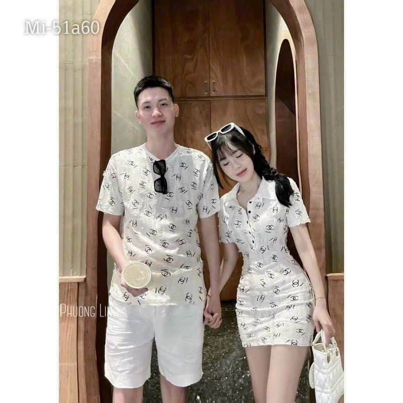 Aó đôi áo cặp nam nữ mẫu mới 2023*sét đồ đôi váy body cổ bẻ mix áo thun họa tiết Hàng quảng châu cao cấp
