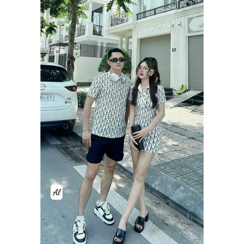 Aó đôi áo cặp nam nữ mẫu mới 2023*sét đồ đôi váy body cổ bẻ mix áo thun họa tiết Hàng quảng châu cao cấp