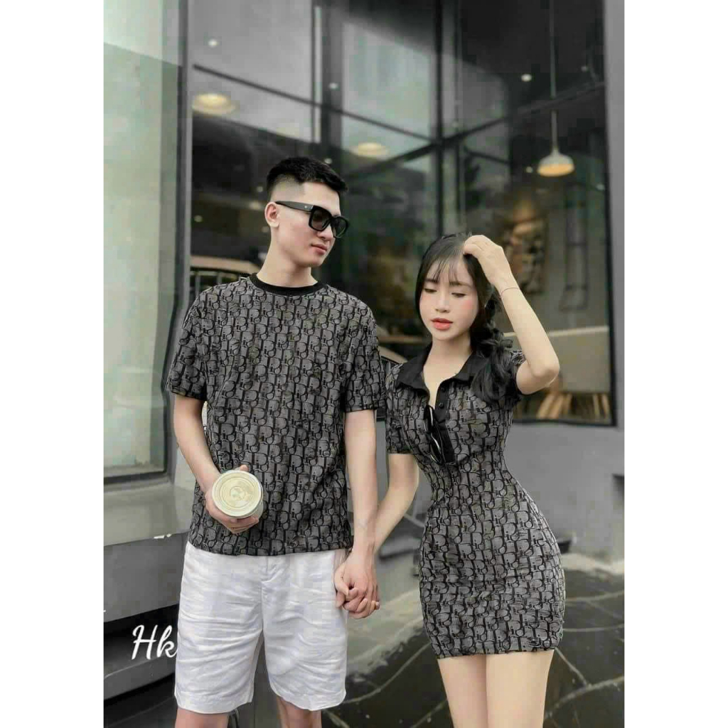 Aó đôi áo cặp nam nữ mẫu mới 2023*sét đồ đôi váy body cổ bẻ mix áo thun họa tiết Hàng quảng châu cao cấp