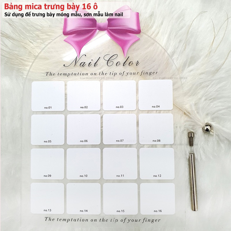 Khung trưng bày mẫu móng mica - Bảng mica bày móng nail - Bảng Nails - Bảng mica 16 ô gắn nơ