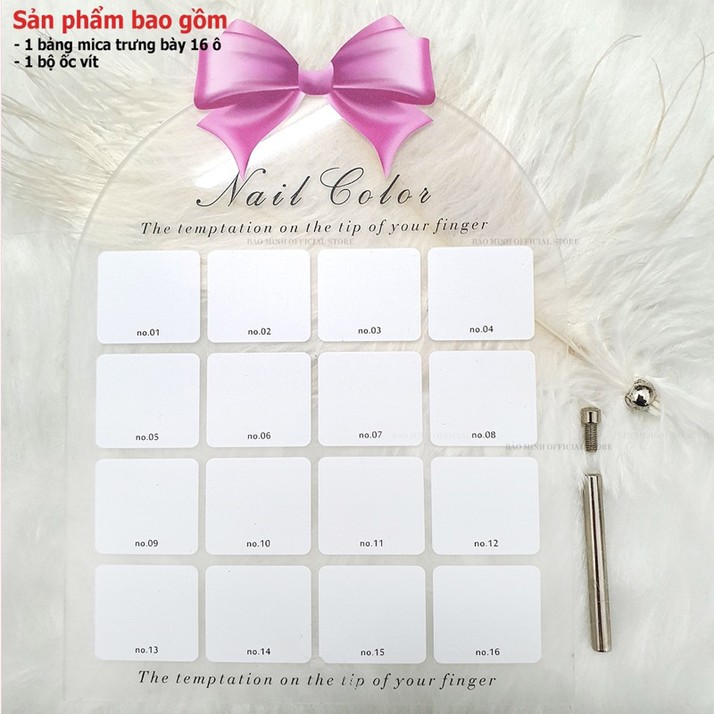 Khung trưng bày mẫu móng mica - Bảng mica bày móng nail - Bảng Nails - Bảng mica 16 ô gắn nơ
