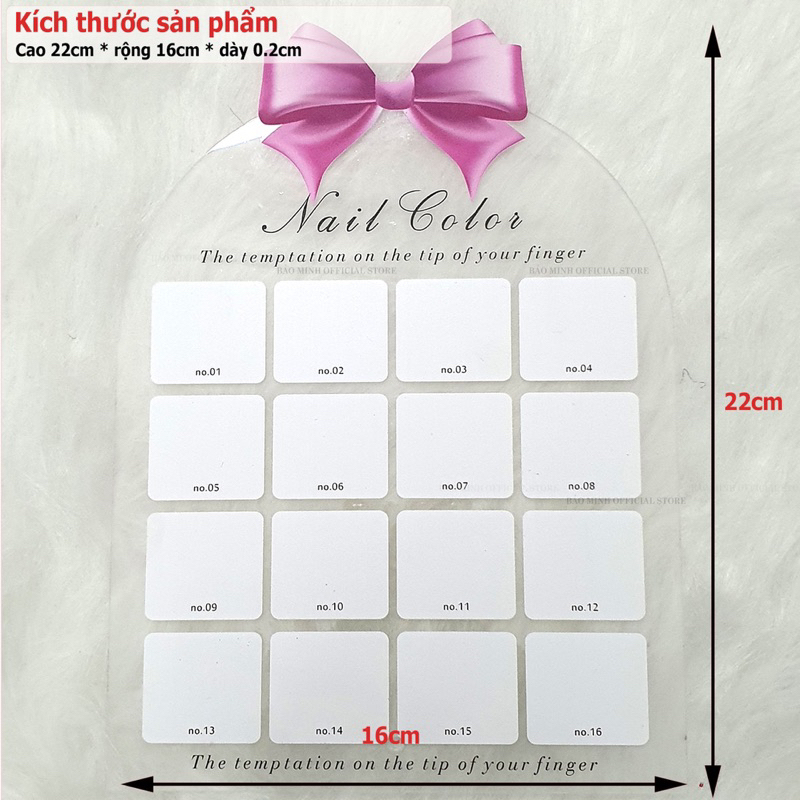 Khung trưng bày mẫu móng mica - Bảng mica bày móng nail - Bảng Nails - Bảng mica 16 ô gắn nơ