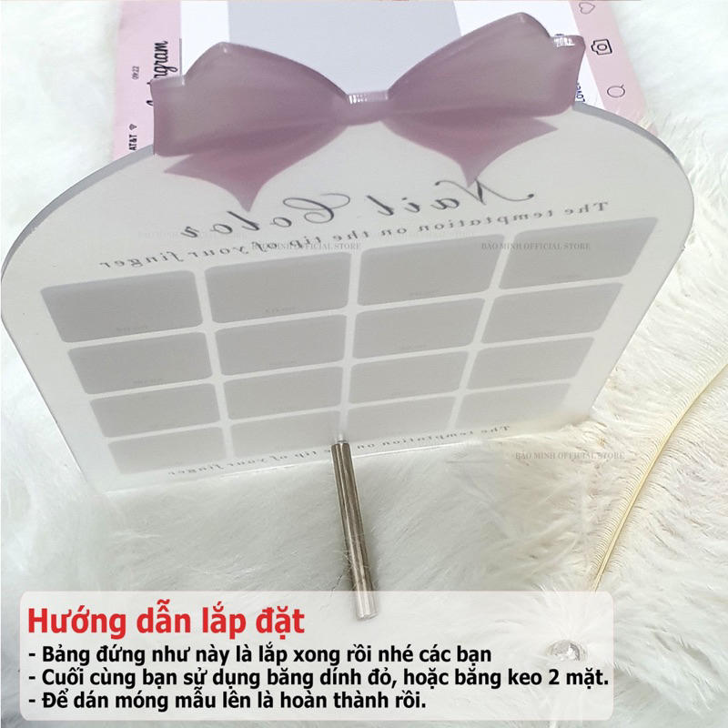 Khung trưng bày mẫu móng mica - Bảng mica bày móng nail - Bảng Nails - Bảng mica 16 ô gắn nơ
