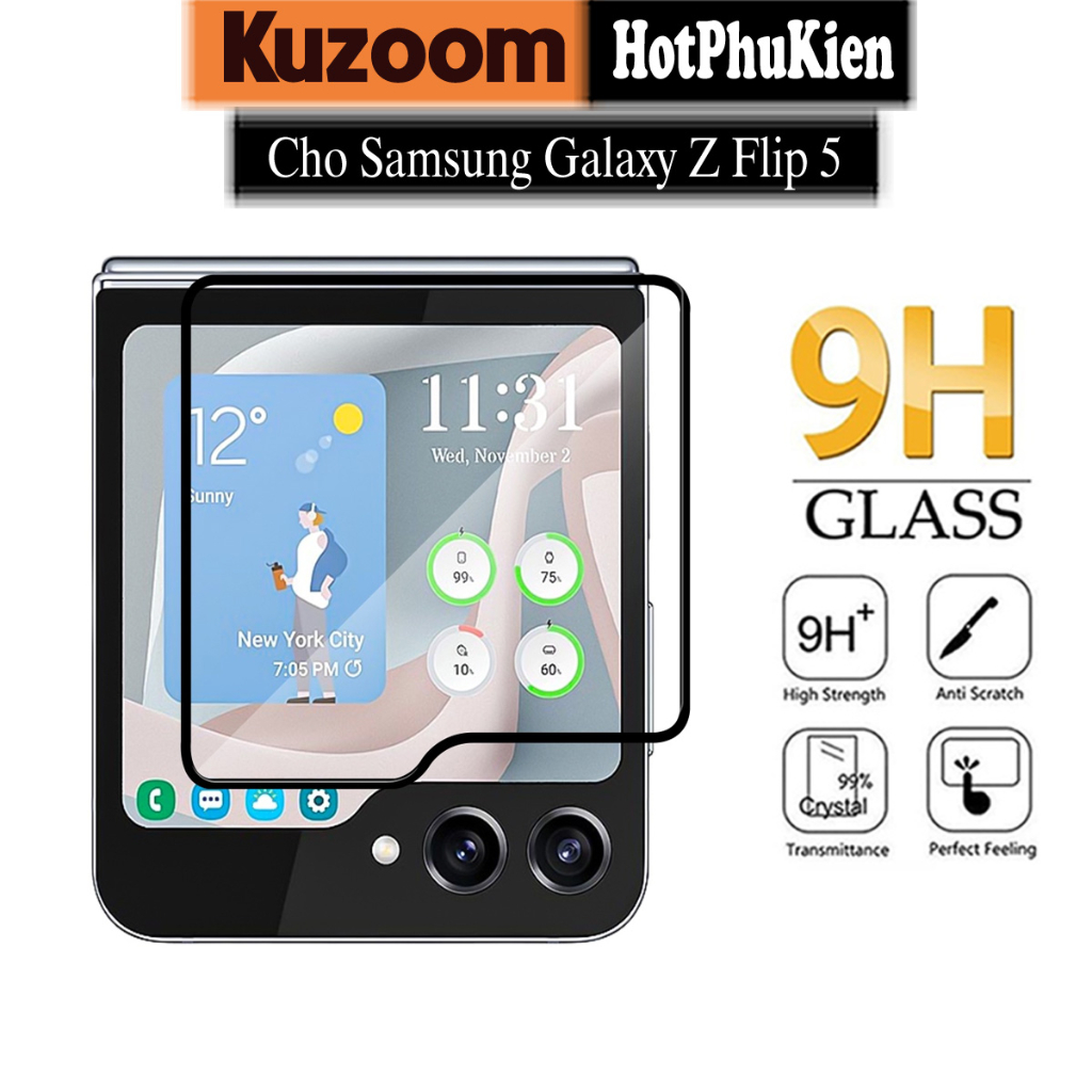 Miếng dán kính cường lực màn hình phụ cho Samsung Galaxy Z Flip 5 full 9D hiệu Kuzoom Protective Glass - Vát cạnh 2.5D