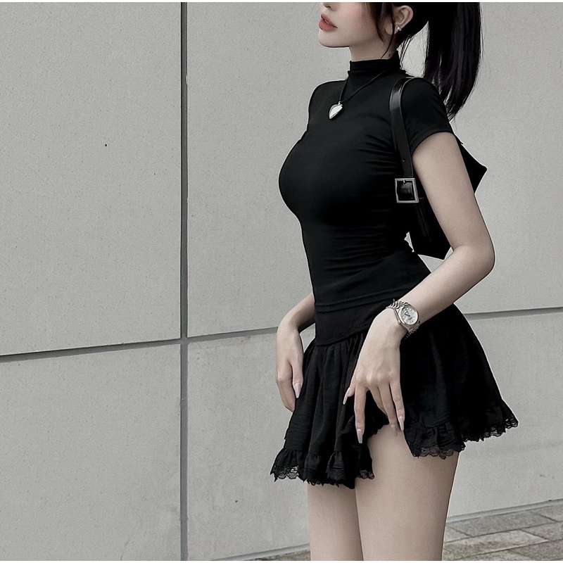 Set Áo Thun Body Chân Váy Viền Ren