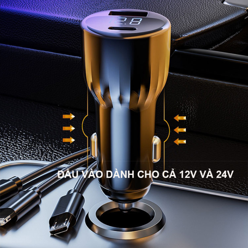 Tẩu Sạc Nhanh Ô Tô 66W DS-222 tích hợp dây sạc 3 đầu,hỗ trợ sạc nhanh Type-C 22.5W và QC4.0,Màn Hình Thông Minh