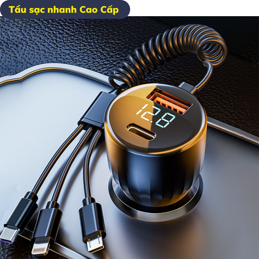 Tẩu Sạc Nhanh Ô Tô 66W DS-222 tích hợp dây sạc 3 đầu,hỗ trợ sạc nhanh Type-C 22.5W và QC4.0,Màn Hình Thông Minh